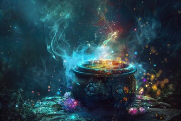 In the enchanted forest A large ancient cauldron sits on a stone plinth.