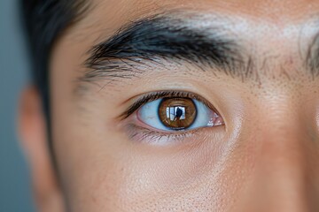 Close-up of an Asian man's confident gaze, with a detailed view of his eyes, lashes, and brows.