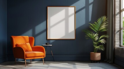 Indoor scene featuring a blue wall adorned with blank photo frame templates, sunlight streaming in through the window, and decorative elements such as a sofa and plant
