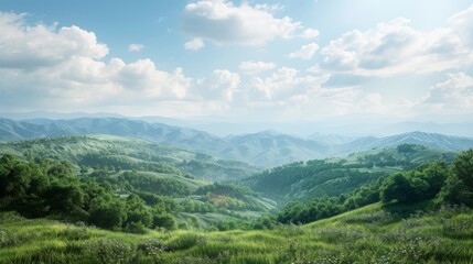 Fototapeta premium Scenic landscape with blue skies and white clouds, distant rolling hills, and foreground of grassland and trees