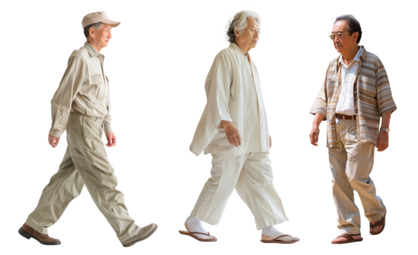 高齢の日本人男性3人、歩くモーション、人物切り抜き
