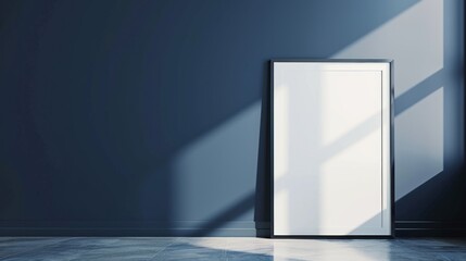 Indoor scene featuring a blank picture frame leaning against a blue wall, with sunlight streaming in through the window