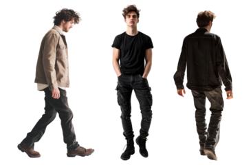 若い白人の男性3人、歩くモーション、人物切り抜き
