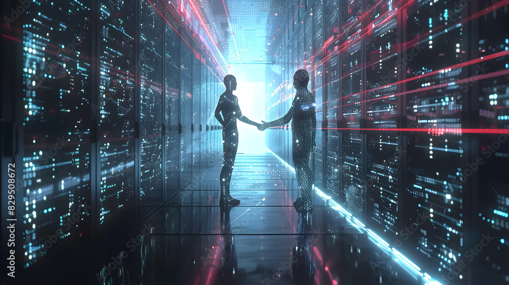 Poster shaking hands with the future human and ai collaboration. man and robot on background of huge data c