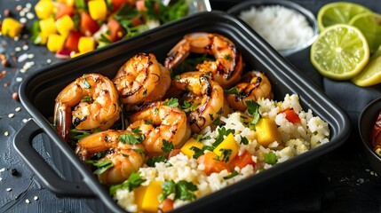 Healthy Frozen Meal with Grilled Shrimp Mango Salsa and Cauliflower Rice in Stylish Packaging