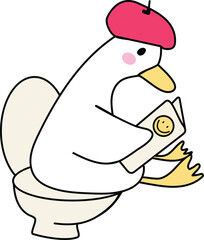 Cute goose reading book in toilet cartoon character hand drawn vector illustration for  Sticker Mug Sublimation Design