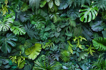 Wall Covered With Various Exotic Leaves And Flowers Plants For Background Created Using Artificial Intelligence