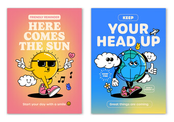 Retro cartoon walking smiled Sun and Ice Earth mascot character surrounded by smiled elements and motivation lettering. Illustration for t-shirt print or poster design. Vector illustration