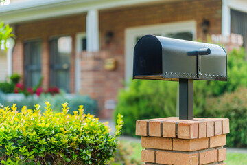 A black mailbox is on a brick post in front of a house