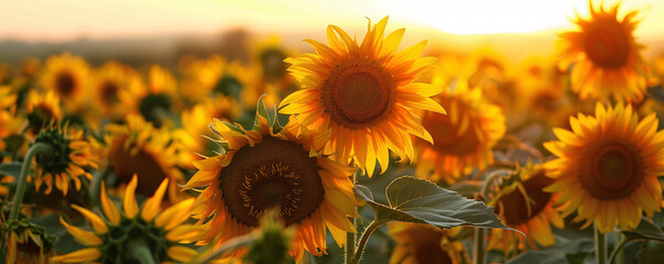 Glowing sunflower field at sunset