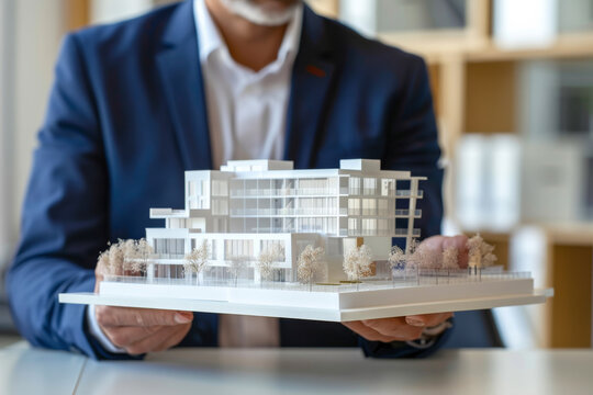 A man is holding a model of a building