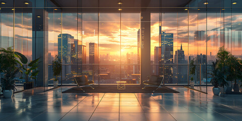 A luxurious modern office building and a stunning view of a sunset background