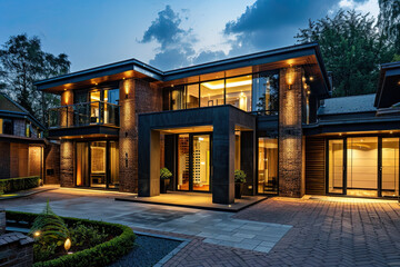 Luxury UK Home with Brick and Wood Cladding at Night