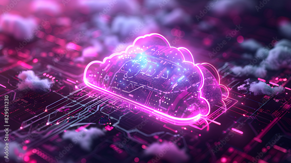 Poster glowing cloud icon technology concept, exploded panel with cloud services and data protection, artif