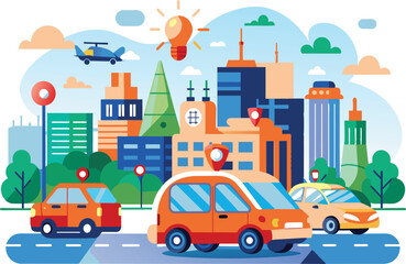 Driving car in city, flat illustration, vector illustration.