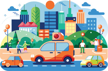 Driving car in city, flat illustration, vector illustration.
