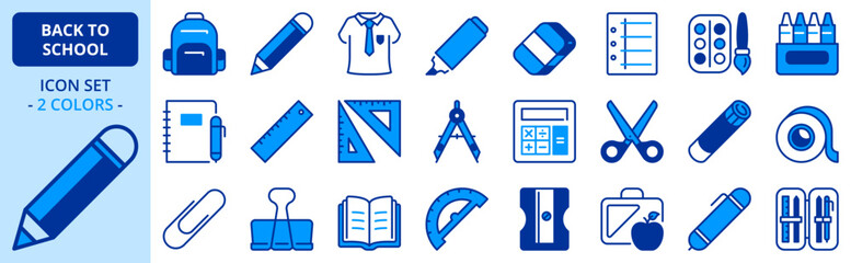 Icons in two colors about back to school.