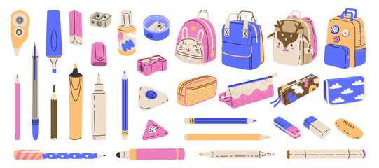 A large set of accessories for the student. Stylish children's backpacks with cartoon characters. Bright children's accessories for creativity and learning. Vector illustration isolated