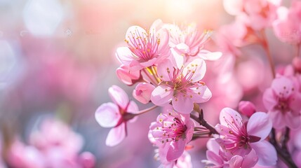 Obraz premium Blurry, rosy Sakura blooms against a natural backdrop. Flowery banner for farming or gardening enterprise.