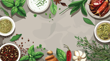 Different herbs and spices on grey table flat lay. 