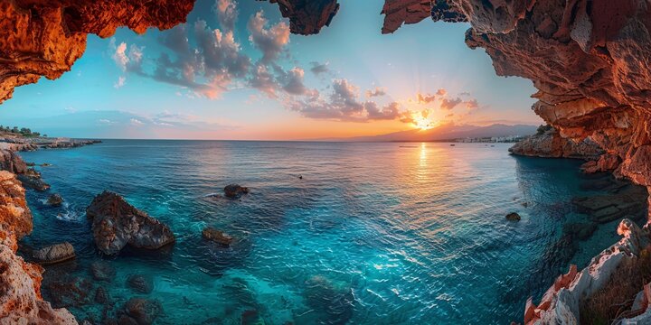 Breathtaking dusk scene of ocean grottos in Cyprus, highlighting a tranquil Mediterranean vista.