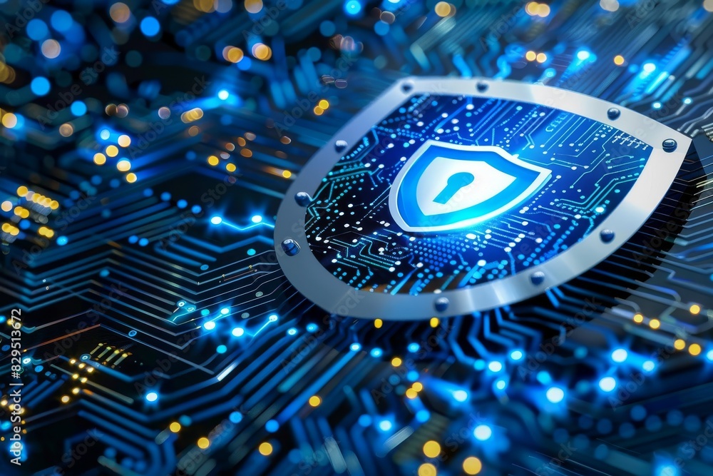 Poster cyber shield on a digital circuit, illustrating strong network security and data protection measures