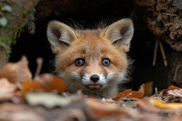 A baby fox peeking out from its den with a curious expression