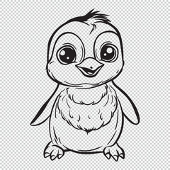 Cute Baby Penguin Cartoon Tattoo Design, Black Vector Illustration Isolated On Transparent Background
