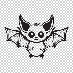 Cute Baby Bat Cartoon Tattoo Design, Black Vector Illustration Isolated On Transparent Background
