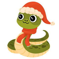 Cute Cartoon Snake. Chinese 2025 New Year symbol, happy animal character mascot in Santa hat. Happy funny serpent with spots on skin. Colored flat vector illustration isolated on white background