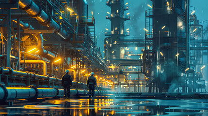 employees at a factory for the production and refining of crude oil