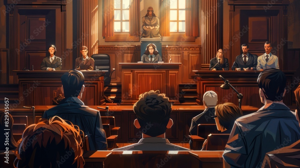 Wall mural Lawyers presenting cases to a jury, legal strategy, courtroom drama, justice competition - Wall murals