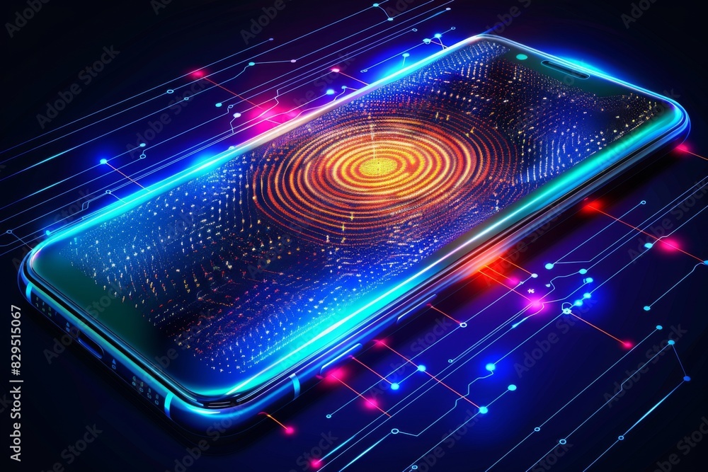 Poster futuristic smartphone interface with a digital lock, illustrating advanced mobile security and data 