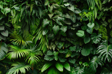 Wall Covered With Various Exotic Leaves And Flowers Plants For Background Created Using Artificial Intelligence