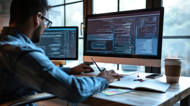 A focused software developer codes on a dual monitor setup in a modern office environment with a minimalist aesthetic. AIG41