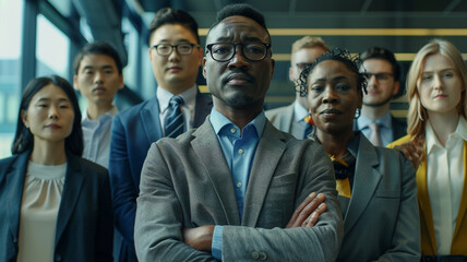 Business professionals standing in a line in a workplace lobby