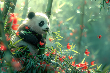A baby panda sitting on a bamboo branch, chewing on leaves