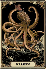 The Kraken poster card cryptid illustration. Giant mythical sea monster creature art.