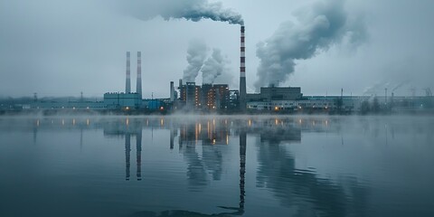 Industrial Landscape with Factory Chimneys Emitting Smoke into the Lake