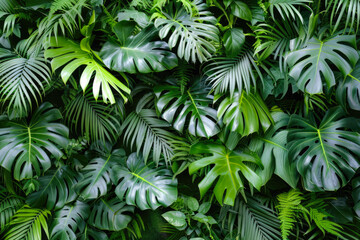 Wall Covered With Various Exotic Leaves And Flowers Plants For Background Created Using Artificial Intelligence