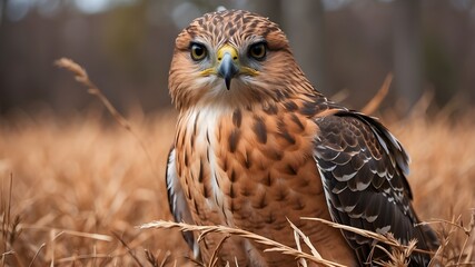 a close-up of a red-shouldered hawk perched in a field on some dead grass. Artificial Intelligence