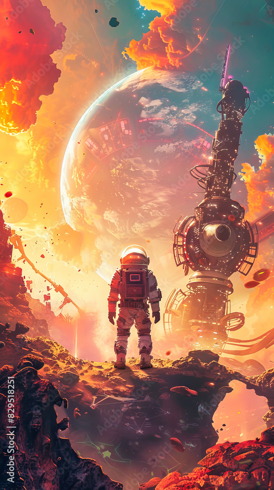 Poster an astronaut on an alien planet standing near a high tech intricate ancient alien structure or stars