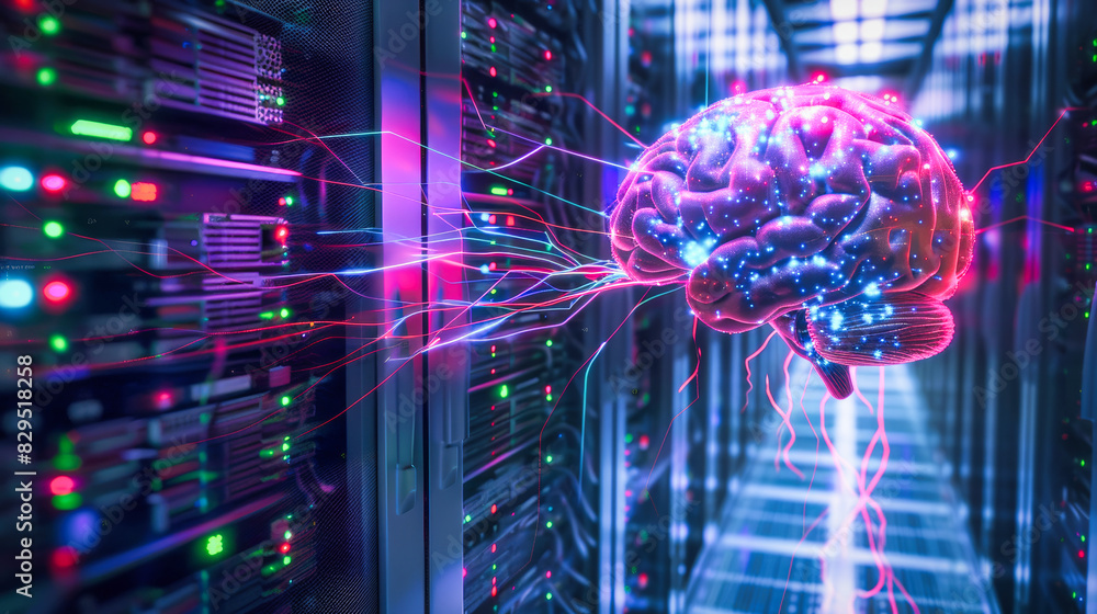 Aufkleber a brain suspended in the middle of the server room. concept of artificial intelligence and machine l