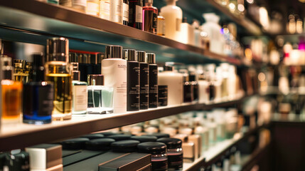 A perfume store with shelves filled with various scents and body care products