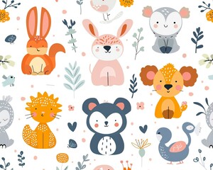 playful seamless pattern, cute animals, pastel background