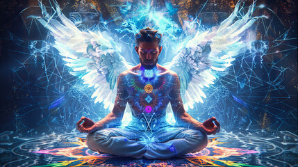 A meditating being with wings and a chakra system glowing