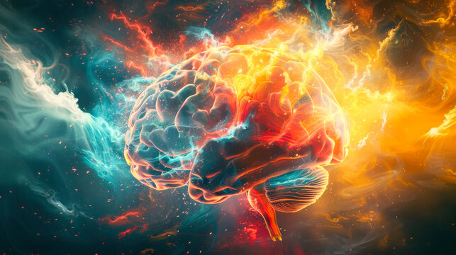 A colorful human brain with exploding color dust against a dark background. Brilliant ideas concept.