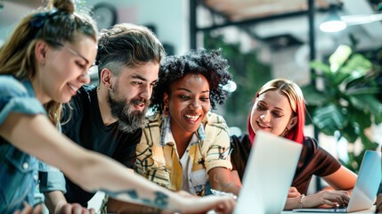 A diverse group of creative people working together in an office