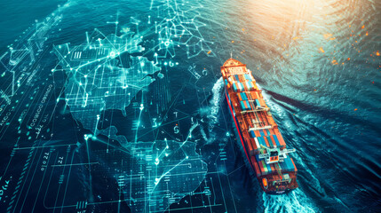 A cargo ship with digital technology symbols floating around it. Concept of global trade or remote monitoring.