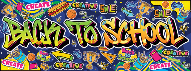 Back to School wall graffiti mural art with colorful and cute design illustration. Kind and motivational graffiti text, kids mural design illustrations. © Themeaseven